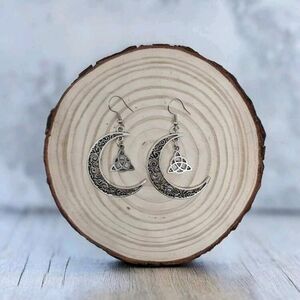 Intricate Silver Moon and Triangle Earrings